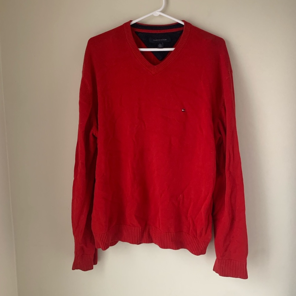 Tommy Hilfiger Red V-Neck Sweater Classic Knit Polo Pullover Baggy